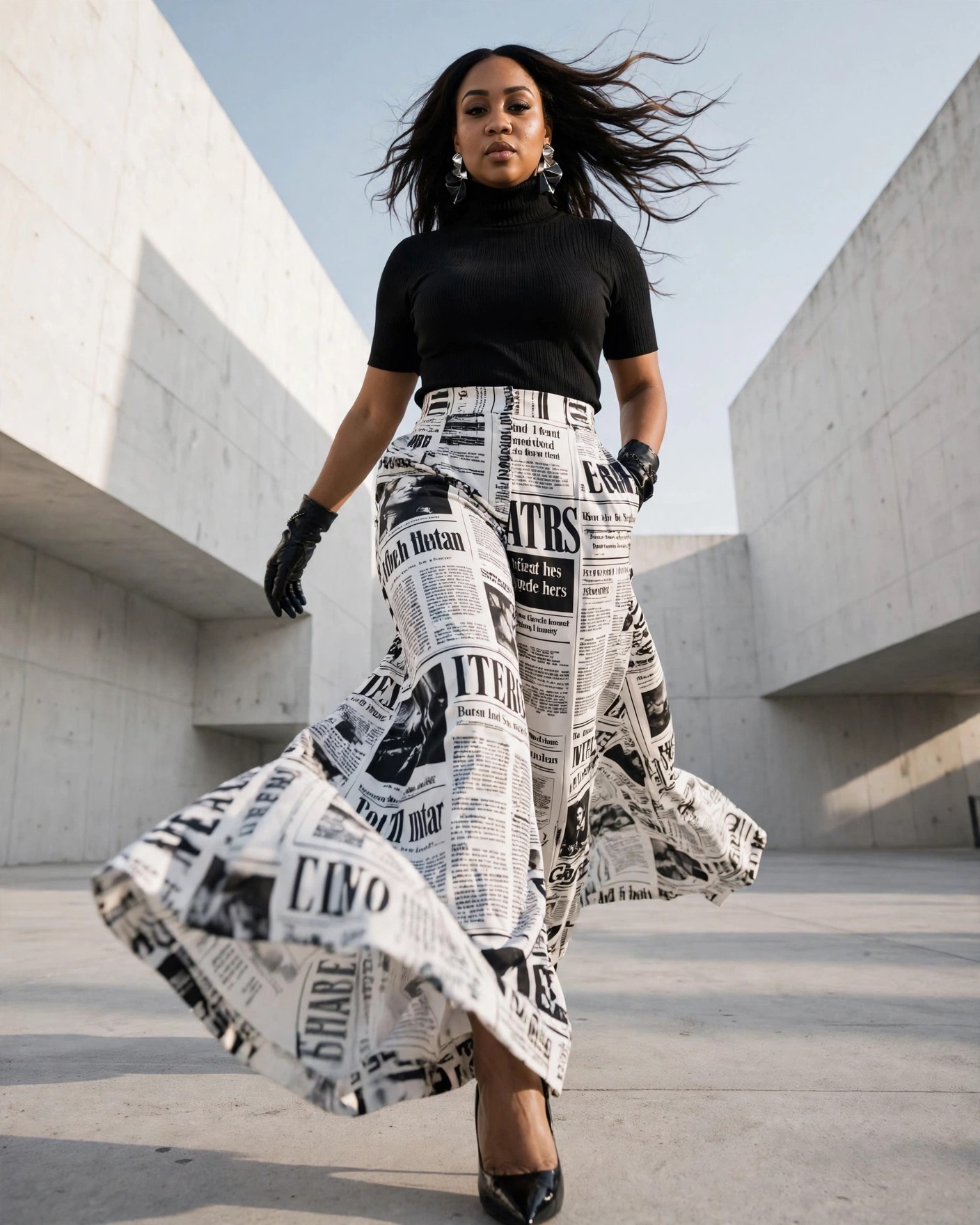 Coach Lisa in a high-fashion newspaper-print editorial look